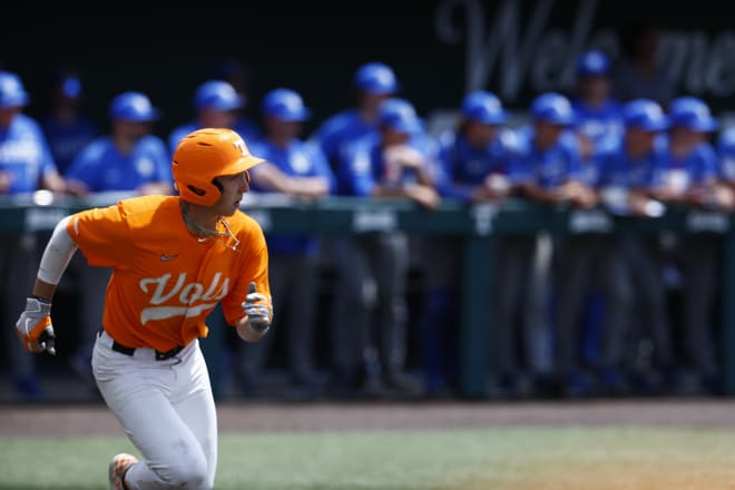 Zane Denton heads to first after driving in an RBI in the second inning of Tennessee's series-clinching win over Kentucky on Saturday.