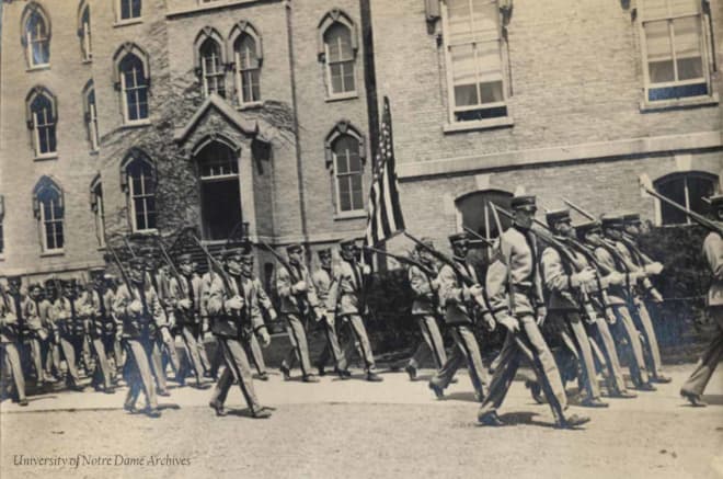 Notre Dame's Student Army Training Corps, circa 1910, march in front of the Administration Building.