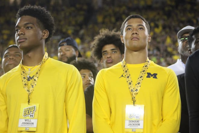 Five-star defensive backs Will Johnson and Domani Jackson visited Michigan Wolverines football recruiting this weekend. 
