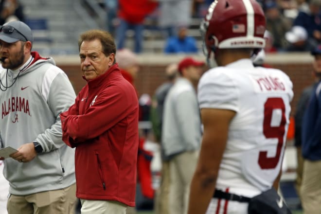 Nov 12, 2022; Oxford, Mississippi, USA; Alabama Crimson Tide head coach Nick Saban walks the field during warm up prior to the game against the Mississippi Rebels at Vaught-Hemingway Stadium. Photo | Petre Thomas-USA TODAY Sports