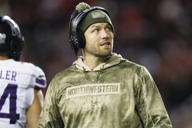 Nov 11, 2023; Madison, Wisconsin, USA; Northwestern Wildcats interim head coach David Braun looks on during the fourth quarter against the Wisconsin Badgers at Camp Randall Stadium. Mandatory Credit: Jeff Hanisch-USA TODAY Sports