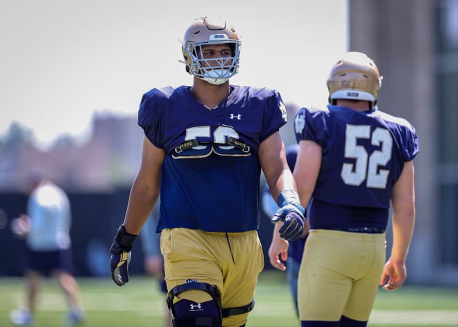 Sophomore Charles Jagusah (left) remains the top candidate to succeed Joe Alt in Notre Dame's rich left tackle lineage.