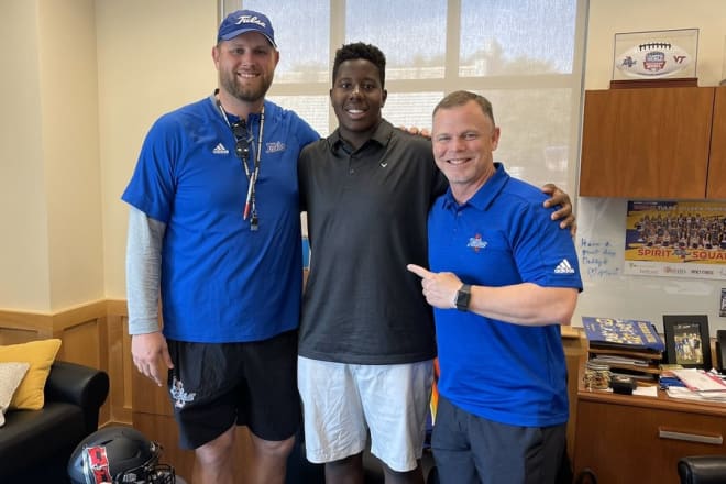 Daniel Ademisoye with TU head coach Philip Montgomery and OL coach Zach Hanson during an unofficial visit to Tulsa.