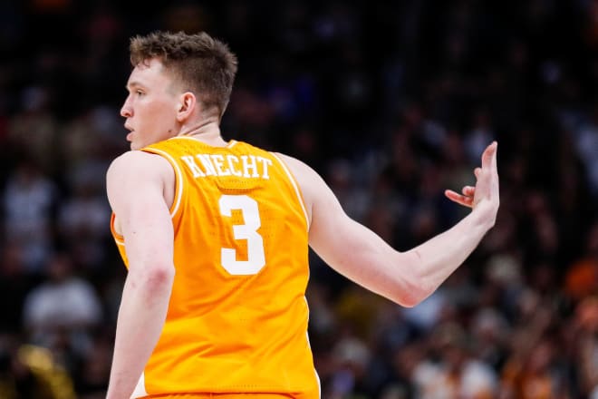Tennessee guard Dalton Knecht (3) celebrates a three point basket against Purdue during the second half of the NCAA tournament Midwest Regional Elite 8 round at Little Caesars Arena in Detroit on Sunday, March 31, 2024.