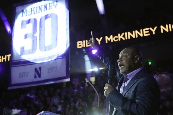 Billy McKinney addressed the crowd at halftime as his jersey was retired at Welsh-Ryan Arena.