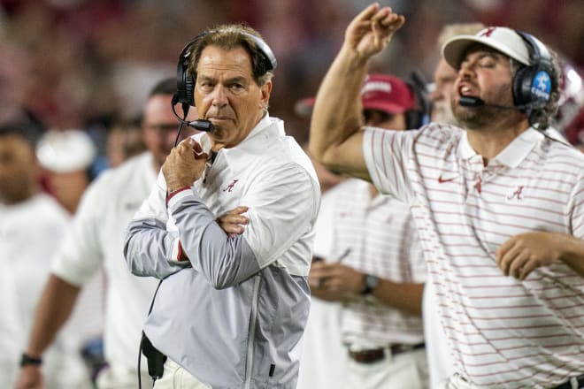 Alabama Crimson Tide head coach Nick Saban watches defensive coordinator Pete Golding during the second half at Bryant-Denny Stadium. Photo | Marvin Gentry-USA TODAY Sports