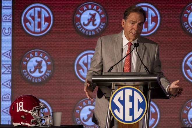 Alabama head coach Nick Saban speaks at SEC Media Days in July. 