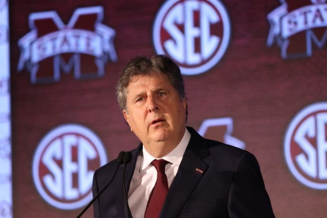 Mississippi State head coach Mike Leach at SEC Media Days Wednesday in Hoover, Ala.