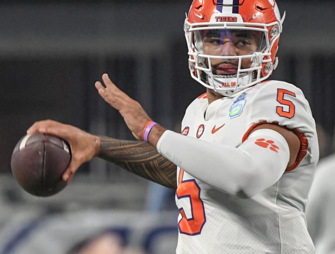 Dec 3, 2022; Charlotte North Carolina; Clemson Tigers quarterback DJ Uiagalelei (5) warms up before the ACC Championship football game against North Carolina at Bank of America Stadium.