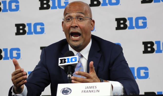 Penn State Nittany Lions football coach James Franklin excitedly answers a question during Big Ten Media Days in Indianapolis. BWI photo
