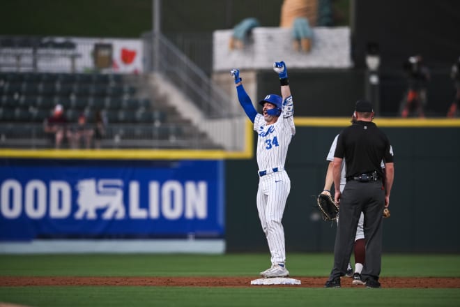 Duke's Ben Miller celebrates after a double against Virginia Tech on Tuesday night in the ACC tournament. 