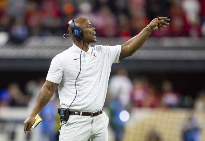 Alabama Crimson Tide wide receivers coach Holmon Wiggins against the Georgia Bulldogs in the 2022 CFP college football national championship game at Lucas Oil Stadium. Photo | Mark J. Rebilas-USA TODAY Sports