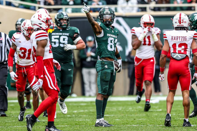 Michigan State wide receiver Montorie Foster, Jr. celebrates after a big gain against the Nebraska Cornhuskers Saturday, Nov. 4 at Spartan Stadium in East Lansing, MI.