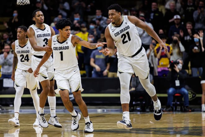 Julian Hammond III and Evan Battey celebrate a basket during Colorado's win over WSU on Thursday, Jan. 6