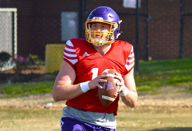 East Carolina quarterback Holton Ahlers and the Pirates practiced in shells in preparation for Saturday's scrimmage.