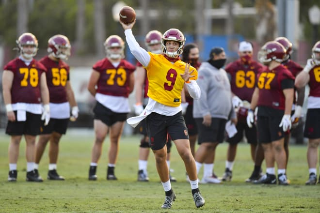 Sophomore starter Kedon Slovis gets things going Friday in USC's first practice.