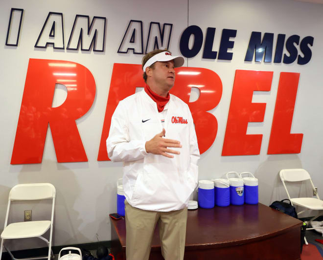 Ole Miss coach Lane Kiffin addresses his team prior to Saturday's scrimmage. Kiffin and the Rebels open the 2020 season Saturday against Florida.