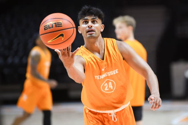 Tennessee guard Kaylan Makan (24) takes a shot during practice at Tennessee Basketball Media Day in the Food City Center, Tuesday, Oct. 3, 2023.