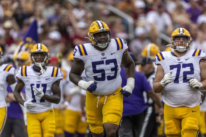 LSU offensive lineman Lance Heard (53) during the first half of an NCAA football game on Saturday, Sept. 16, 2023, in Starkville, Miss.