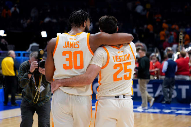 Tennessee guard Josiah-Jordan James (30) and guard Santiago Vescovi (25) walk off the court together after defeating Mississippi 70 to 55 in a SEC Men s Basketball Tournament second round game at Bridgestone Arena Thursday, March 9, 2023, in Nashville, Tenn.