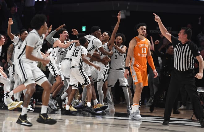 Vanderbilt players celebrate after Tyrin Lawrence's 3-point shot went through at the buzzer.