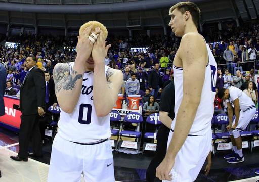 Jaylen Fisher can't believe he was called for a foul with less than five seconds left in TCU's lost to West Virginia.