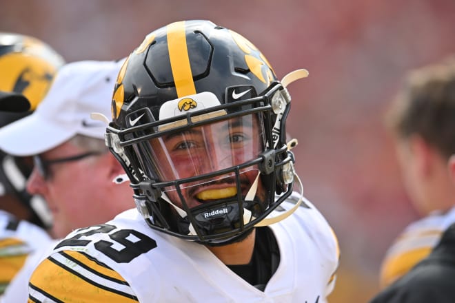 Sebastian Castro smiles after his pick-six against Iowa State in 2023.