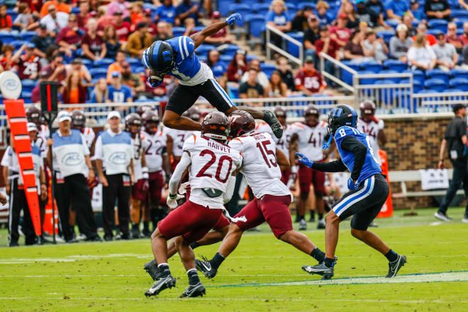 Duke's Jontavis Robertson goes airborne against Virginia Tech in the 2022 matchup between these teams. 