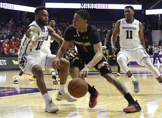 Maryland's Anthony Cowan (No. 1) scored 13 points in the win at Northwestern. 