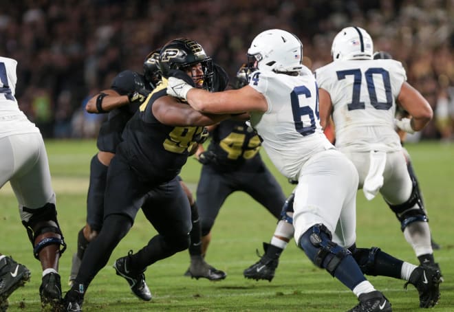 Purdue Boilermakers defense tackle Prince James Boyd Jr. (93) holds the line during the NCAA football game against the Penn State Nittany Lions, Thursday, Sept. 1, 2022, at Ross-Ade Stadium in West Lafayette, Ind. Penn State won 35-31. Nf2 0288