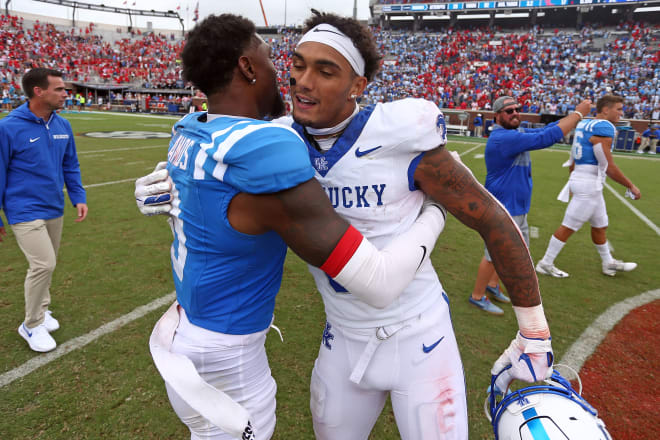 Ole Miss Rebels defensive back Trey Amos (9) and Kentucky Wildcats wide receiver Dane Key (6) embrace after the game at Vaught-Hemingway Stadium. Mandatory Credit: Petre Thomas-Imagn Images