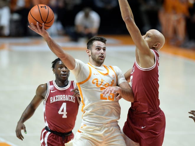 Tennessee guard Santiago Vescovi goes up for a layup in the Vols' 18-point win over Arkansas on Tuesday.