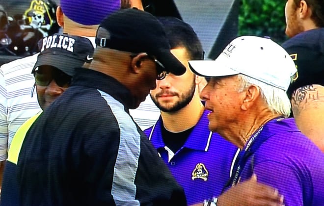 Former ECU head coach Pat Dye, pictured with former ECU safety and head coach Ruffin McNeill, passed away on Monday..