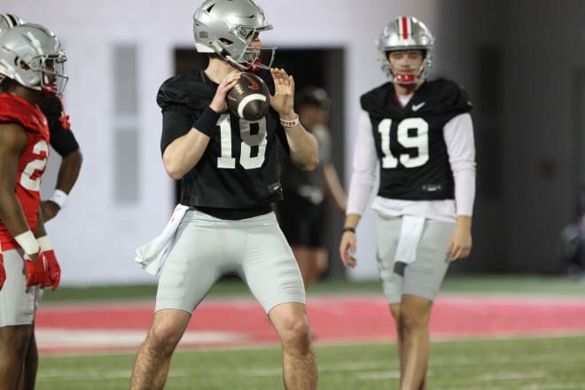 The Ohio State quarterback battle resumes on Tuesday morning. (Birm/DTE)