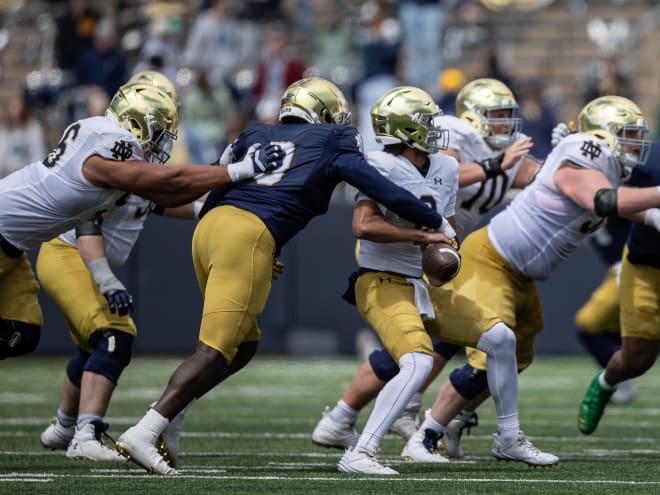 Notre Dame defensive end RJ Oben, in blue, strips and sacks quarterback Kenny Minchey in Saturday's Blue-Gold Game.