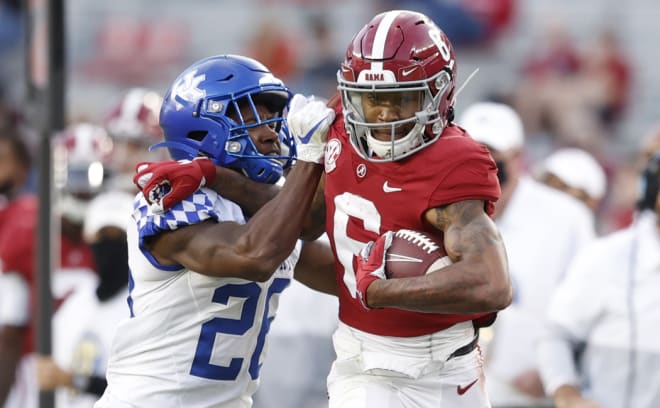 Alabama's DeVonta Smith tried to separate from UK defensive back Brandin Echols. 