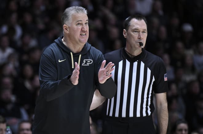 Feb 9, 2023; West Lafayette, Indiana, USA; Purdue Boilermakers head coach Matt Painter reacts during the first half against the Iowa Hawkeyes at Mackey Arena. Mandatory Credit: Marc Lebryk-USA TODAY Sports © Marc Lebryk-USA TODAY Sports