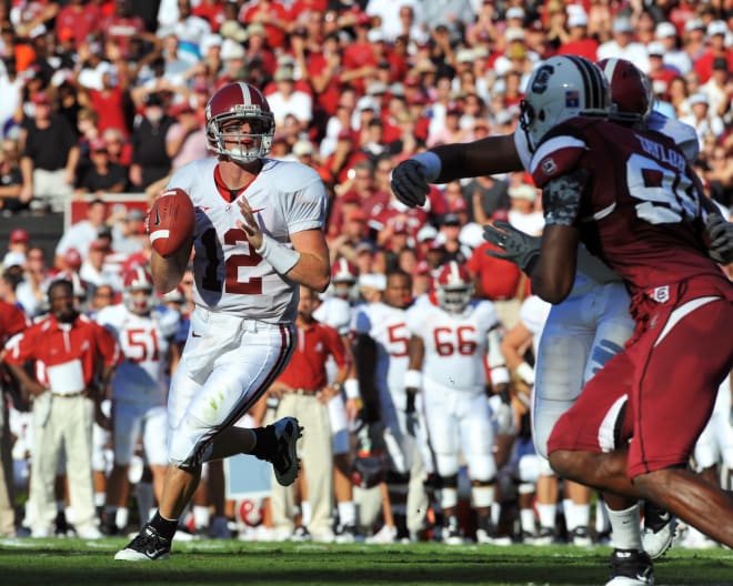 COLUMBIA, SC - OCTOBER 9: Quarterback Greg McElroy of the Alabama Crimson Tide looks to pass in the first half against the South Carolina Gamecocks October 9, 2010 at Williams-Brice Stadium in Columbia, South Carolina. (Photo by Al Messerschmidt/Getty Images)