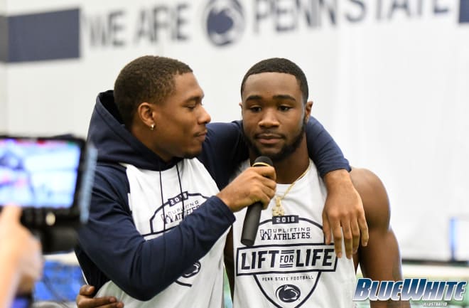 DeAndre Thompkins interviews Sanders (left) at Lift for Life on Saturday.