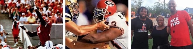 BERNARD WILLIAMS (L to R): Blocking a field goal against Kentucky in 1991—what was his fifth blocked kick of his UGA career; dominating the line of scrimmage during his final game as a Bulldog—a 43-10 win at Georgia Tech in 1993; with nephew, Eric Berry, and wife, Lee.
