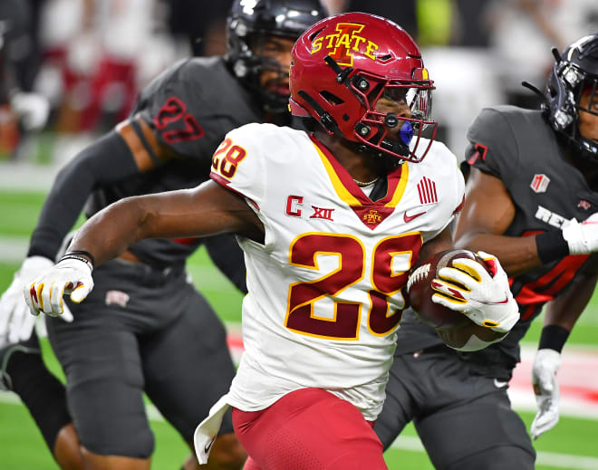 Breece Hall carries the ball in a game at UNLV last September.