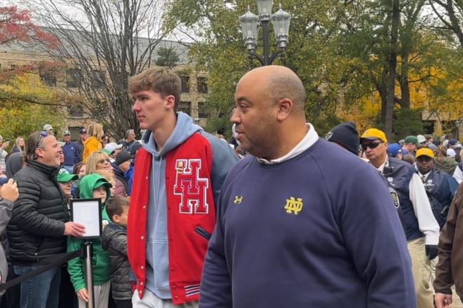 Trent Sisley, pictured above with Micah Shrewsberry, visited Notre Dame last October for the Pittsburgh football game. Sisley is a four-star recruit who the Irish offered last spring.