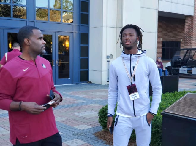 FSU 2023 target Makari Vickers meets with defensive backs coach Marcus Woodson Saturday.