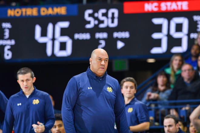 Notre Dame coach Micah Shrewsberry watches during the second half of Wednesday night's loss to N.C. State. 