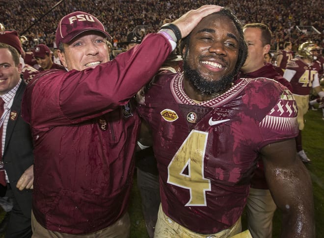 Jimbo Fisher and Dalvin Cook after the post-game bath.