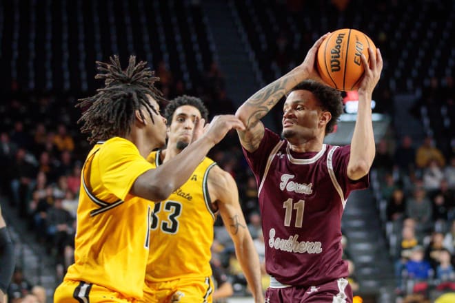 Dec 22, 2022; Wichita, Kansas, USA; Texas Southern Tigers guard Jordan Gilliam (11) looks to pass during the second half against the Wichita State Shockers at Charles Koch Arena. Mandatory Credit: William Purnell-USA TODAY Sports