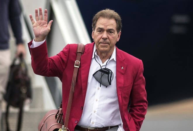 Alabama head coach Nick Saban is shown here at the Tuscaloosa National Airport earlier today following last night's blowout win over Ohio State.  Saban now has a record seven national championships.