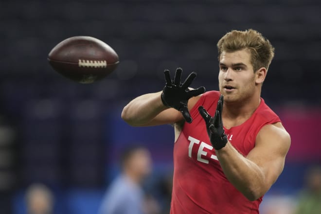 Former Notre Dame tight end Michael Mayer catches a pass during position drills at the NFL Combine, Saturday at Indianapolis.