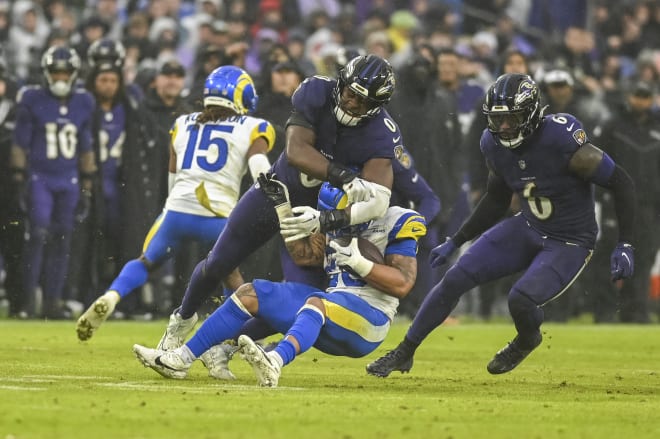 Including in Baltimore's overtime win over Los Angeles yesterday, Roquan Smith (No. 0) has totaled 10+ tackles in eight of 13 games this season (USA TODAY Sports).