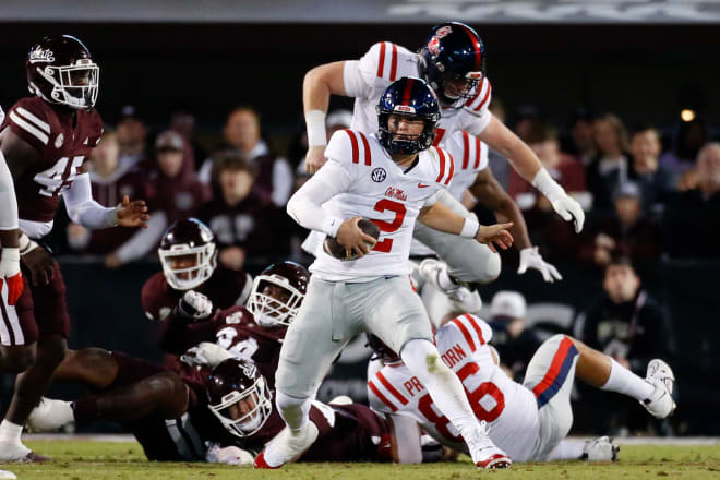 Ole Miss Rebels quarterback Jaxson Dart (2) runs the ball during the second half against the Mississippi State Bulldogs at Davis Wade Stadium at Scott Field. Mandatory Credit: Petre Thomas-USA TODAY Sports